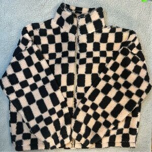 A New Day Women's Plaid Teddy Jacket Medium Black Pink Oversized Cozy Fluffy